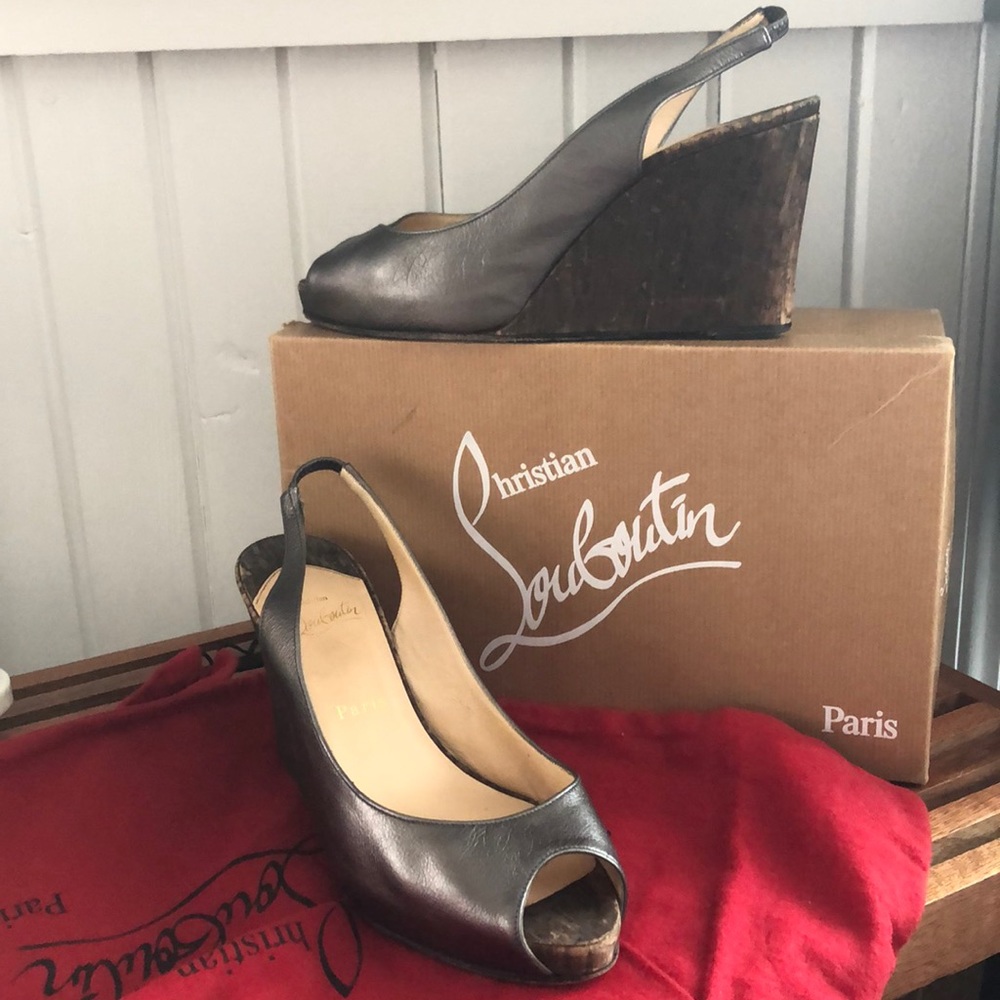 Christian Louboutin metallic cork wedges with box